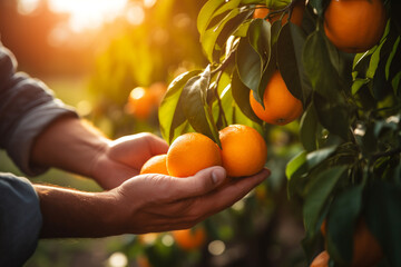 Farmer during harvesting orange - obrazy, fototapety, plakaty