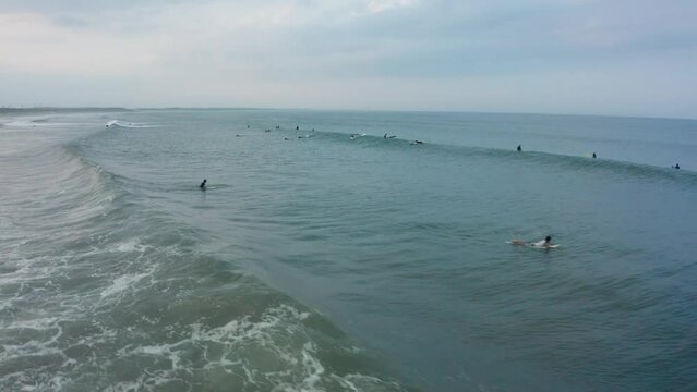 Drone flight over surfers in Aoshima Miyazaki