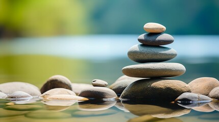 Image of stones carefully stacked on water pebbles.