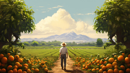 Farmer during harvesting orange - obrazy, fototapety, plakaty