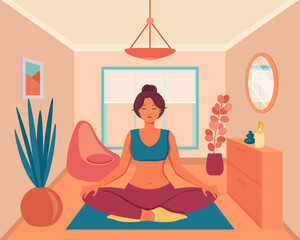 Obraz na płótnie Canvas Young woman with closed eyes sitting in lotus position on mat vector illustration. Woman practicing yoga at home. Interior of modern apartment. Healthy lifestyle, meditation, yoga concept.