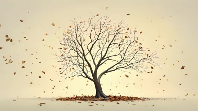 A tree losing its leaves and branches, symbolizing the natural and inevitable decline of aging. minimal 2d animation Psychology art concept