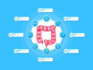 Naklejka premium Intestine health care infographic with presentation timeline steps medical research. And stethoscope, syringe, saline, drug, ambulance car, doctor. Style icons on blue background. Vector illustration.