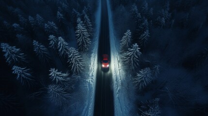 A red car rides along a winter road in the night forest. Snow on trees and roadsides, Aerial View. . - Powered by Adobe