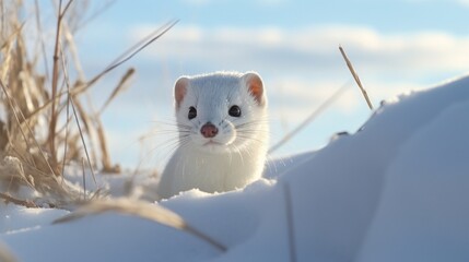 A short-tailed weasel pops its head out from the snow while hunting for food during winter in the Canadian prairie grasslands. .