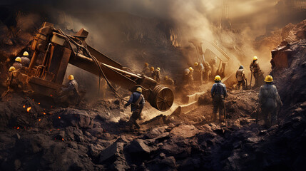 Group of Miners Safely Operating Heavy Equipment with Precision and Protective Gear - obrazy, fototapety, plakaty
