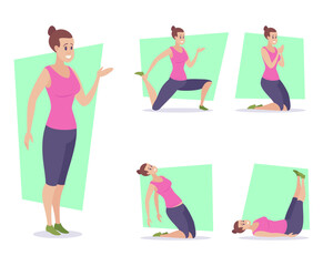 Woman doing exercises at home vector illustration. Different poses for yoga practices and meditation at home. Sport, yoga concept
