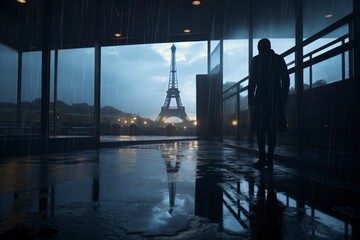 Fototapeta na wymiar a sad man standing alone near Eiffel