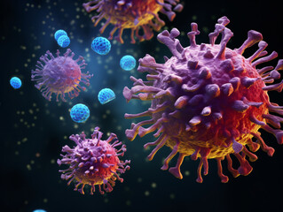 Fototapeta na wymiar Covid-19 Outbreak: Coronavirus Floating in Cellular Environment, Influenza Background - 3D Rendering, Viral Disease
