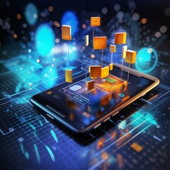 Holographic symbols icons floating above smartphone