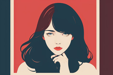 Drawing of a woman with long dark hair and red lipstic
