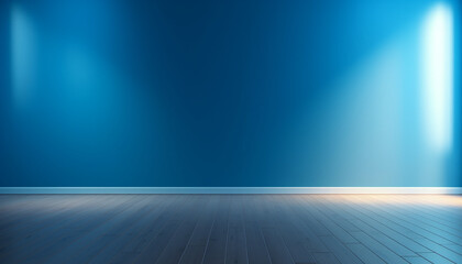Empty room with a wooden floor and walls painted in a deep blue hue. Blue background for slide presentation, Subtle light blue backdrop for product presentation with minimalist aesthetics