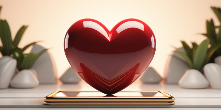 Podium with red glossy heart on modern tablet to show cosmetic products. Minimal romantic backdrop with plants for branding and presentation on Valentine's Day.