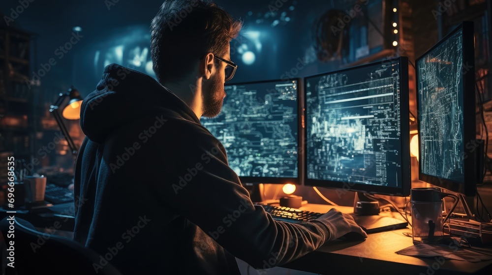 Leinwandbilder Game designers write code intently in front of a computer. Generative AI.