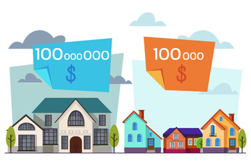 Houses with sale tags vector illustration. Expensive and cheap houses. Housing crisis, problems in real estate sector, development of affordable housing concept