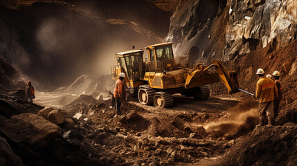 Team Operating Heavy Mining Equipment, Digging Ore in the Middle of the Earth