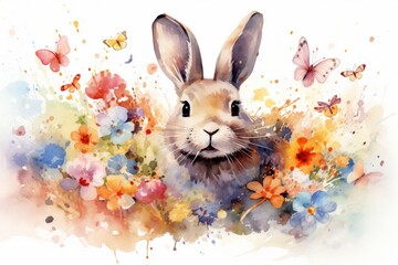 Whimsical watercolor portrait of a precious rabbit, playfully frolicking amidst an array of...