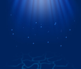Natural patterns underwater and sunlight shining and reflecting below. Abstract background of dark blue gradient sea water with bubbles.