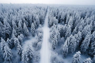 Drone photo of snow covered evergreen trees after a winter with a road