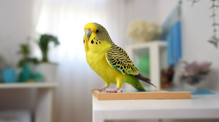 A small yellow budgie parrot sits on the table. Generative AI