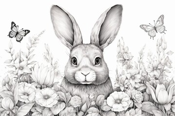 An adorable isolated rabbit, sketched with intricate details, surrounded by whimsical flowers and butterflies in a dreamy vector garden.