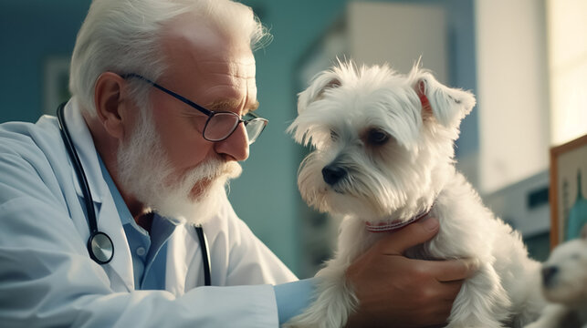 A senior male doctor examines a dog in his office at the hospital. Kind and experienced veterinarian. Generative AI