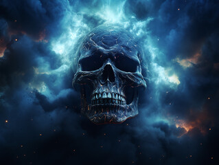 Smoked Skull Cloud Calamity Concept and Scary Abstract Digital Cloud Skull Image on a Blue Background - obrazy, fototapety, plakaty