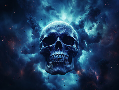 Smoked Skull Cloud Calamity Concept and Scary Abstract Digital Cloud Skull Image on a Blue Background