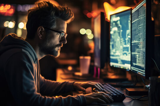 A programmer is sitting in front of a computer screen is write code on the screen, Expressing focus and excitement in completing a challenge. Generative AI.