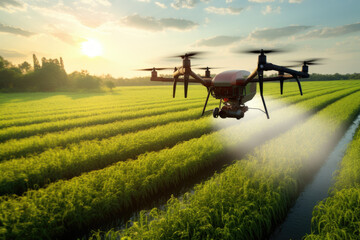 drone spray fertilizer on green field drone high angle view - obrazy, fototapety, plakaty