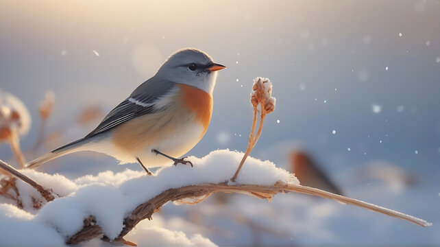 Winter snow background with snowdrifts and winter birds