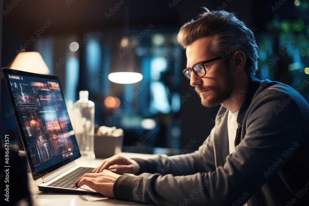 Leinwandbilder Developer is looking into the computer screen with positive focus, Computer screen is showing a science website. Generative AI.