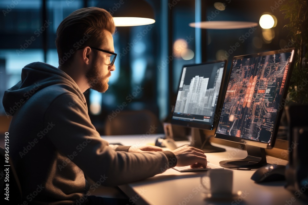 Poster Developer is looking into the computer screen with positive focus, Computer screen is showing a science website. Generative AI.