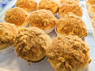 Crispy fried bread on the counter in the bakery shop.