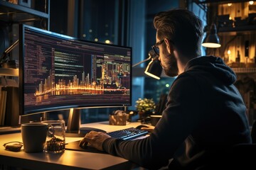 A coder sit front of a computer with a coding screen. Generative AI.