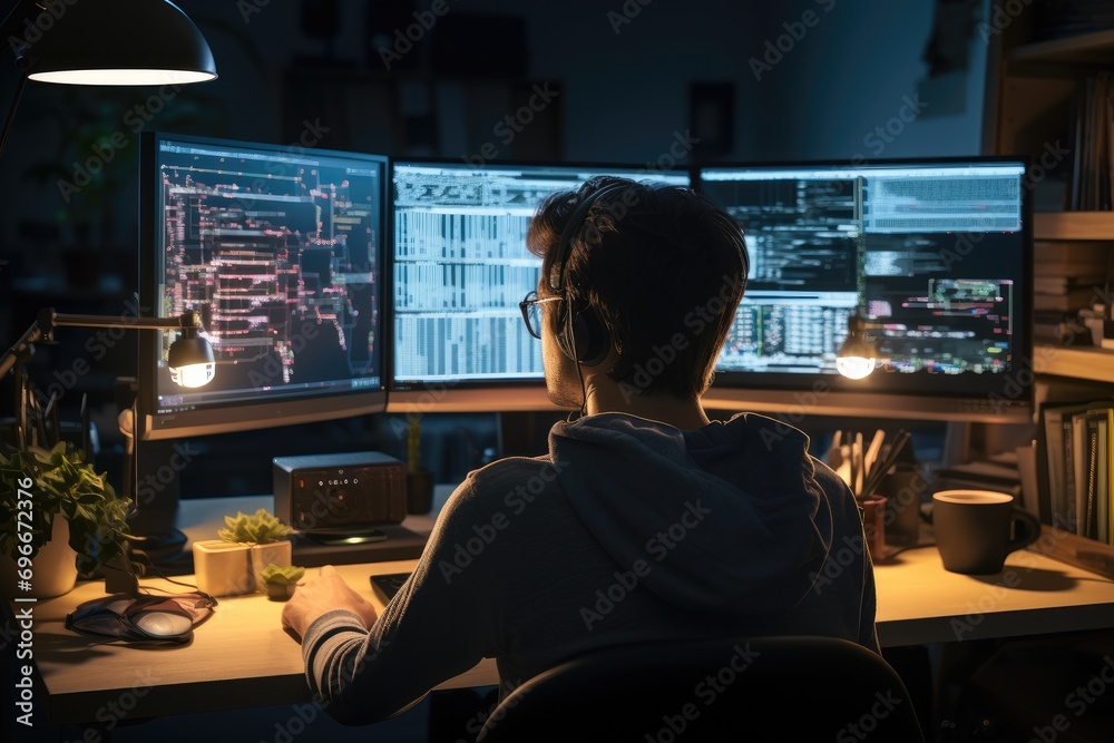 Aufkleber Software engineer developer working on monitor. Generative AI.