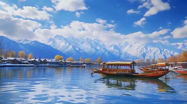 Beautiful view of the colorful Shikara boats floating on Dal Lake, Srinagar, Kashmir, India. with surounding snowy mountains .