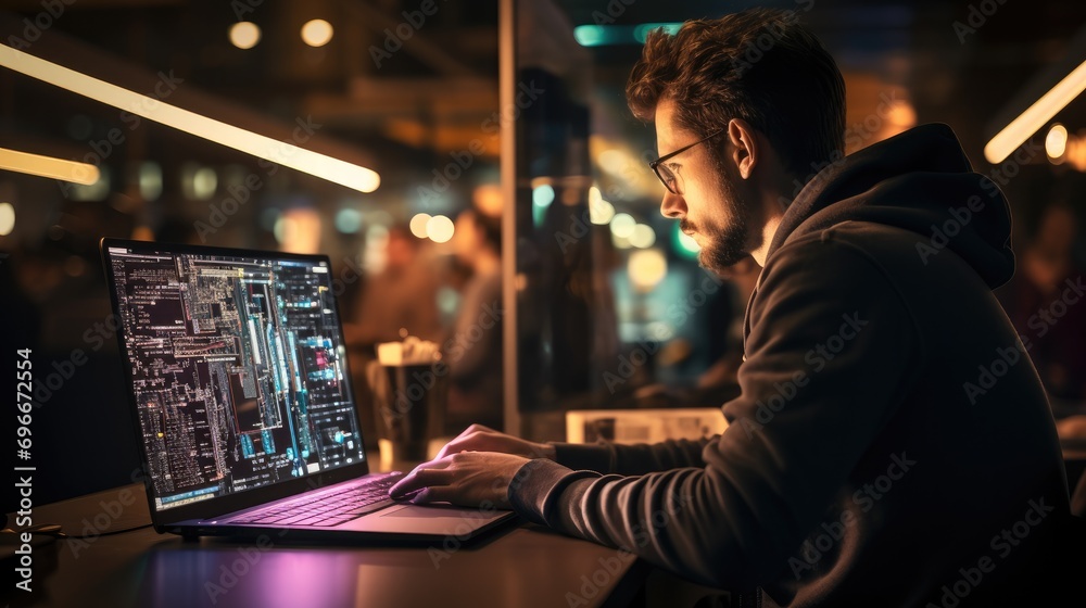 Aufkleber A developer writes lines of code on computer with focused intent. Generative AI.