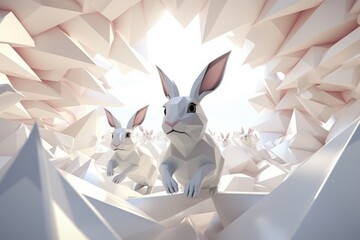 Experience the modern aesthetic in full swing as a collection of rabbits sprint and leap in a geometric dance, portraying a trendy and captivating visual narrative.