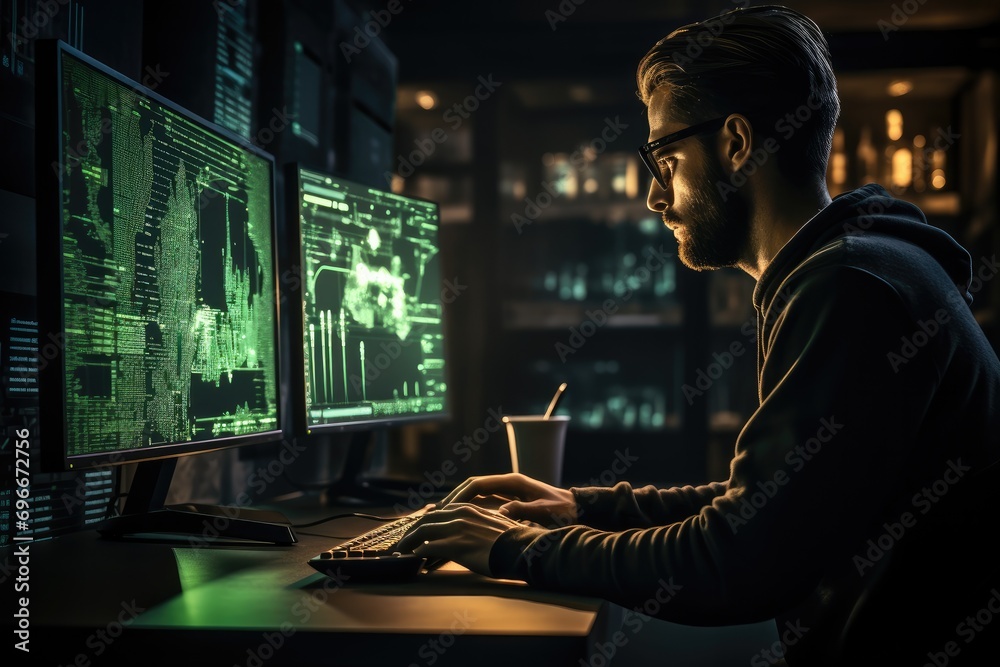 Leinwandbilder A man writes code on the computer screen, Code in green font with black background in a terminal user interface. Generative AI.