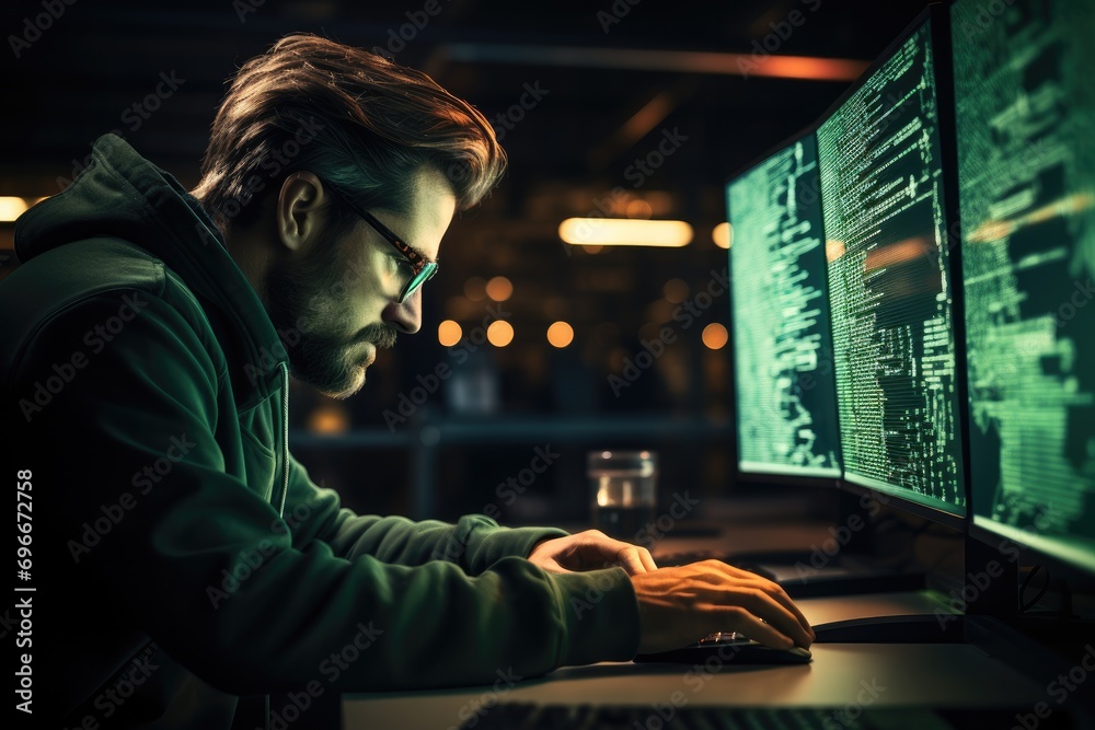 Leinwandbilder A man writes code on the computer screen, Code in green font with black background in a terminal user interface. Generative AI.