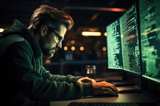 A man writes code on the computer screen, Code in green font with black background in a terminal user interface. Generative AI.