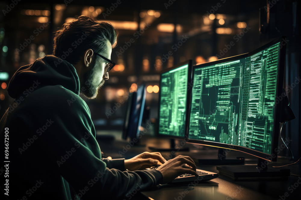 Aufkleber A man writes code on the computer screen, Code in green font with black background in a terminal user interface. Generative AI.