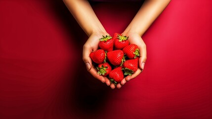 Female hands holding fresh strawberries on a red background. Healthy food concept.