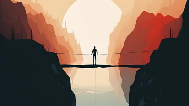 An image of a person walking on a tightrope surrounded by an abyss. Psychology art concept.