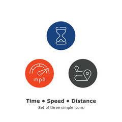 Time, speed, distance. Set of three simple vector icons with editable strokes