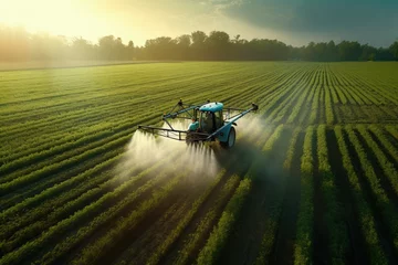 Tuinposter Tractor spray fertilizer on green field drone high angle view © Kien