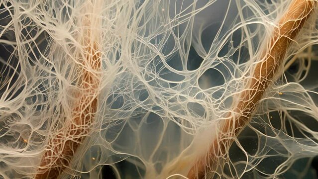 A magnified of root hairs entwined with fungal hyphae, showcasing the symbiotic relationship between plants and fungi. This interaction, known as mycorrhizal association, allows plants