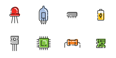 Microelectronics. Set of eight colored linear icons