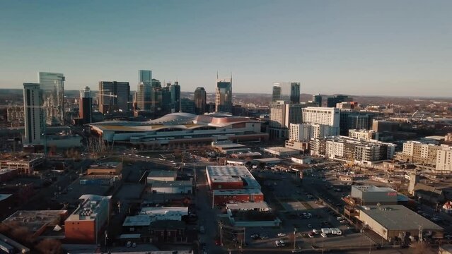 Drone Aerials of evening traffic near a busy downtown area